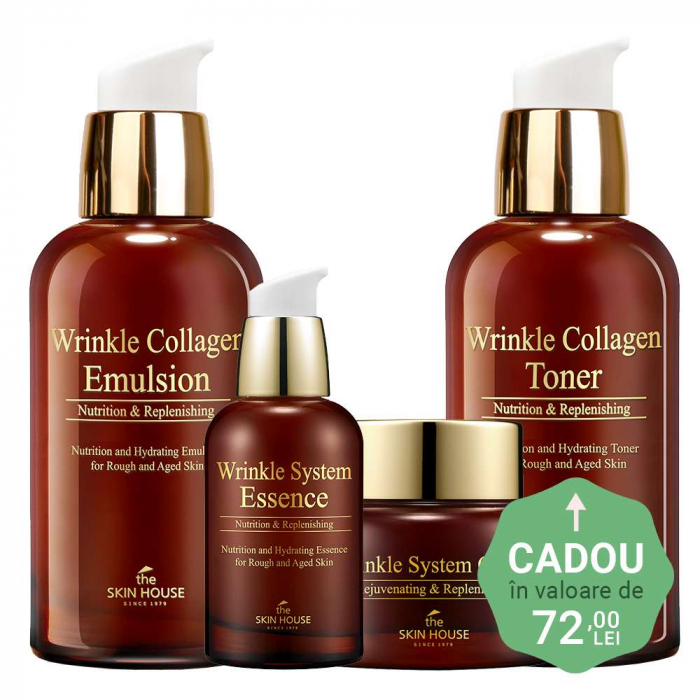 Set antirid in 4 pasi The Skin House Wrinkle System Collagen Ser, Emulsie, Crema pentru fata 50ml si Toner CADOU