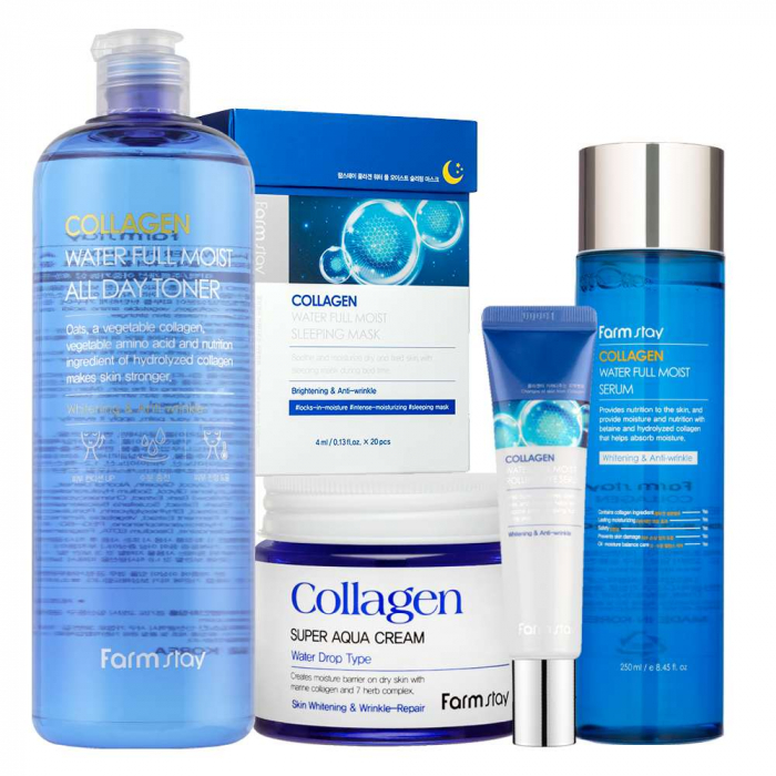 Set antirid in 5 pasi Farmstay Collagen Water Full Moist Toner, Ser ochi, Ser fata, Crema-balsam de fata si Masca faciala