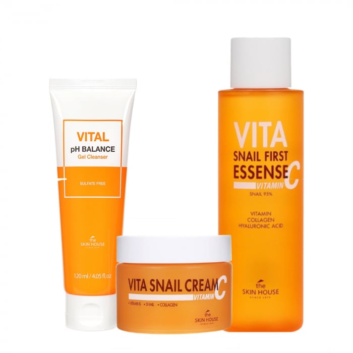 Set antirid cu efect de luminozitate in 3 pasi The Skin House Vita Snail Gel curatare, Toner-Ser si Crema fata CADOU