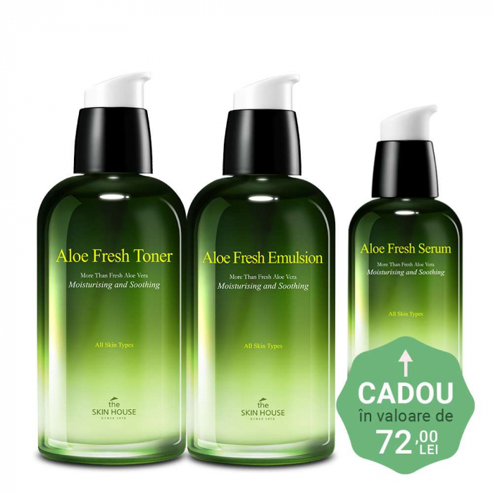 Set hidratant calmant cu efect antirid in 3 pasi The Skin House Aloe Fresh Toner, Emusie si Ser de fata CADOU