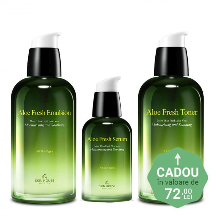 Set hidratant calmant cu efect antirid in 3 pasi The Skin House Aloe Fresh Toner, Emusie si Ser de fata CADOU