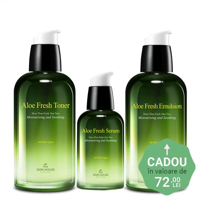 Set hidratant calmant cu efect antirid in 3 pasi The Skin House Aloe Fresh Toner, Emusie si Ser de fata CADOU