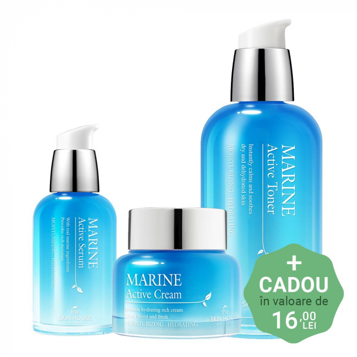 Set hidratant in 3 pasi The Skin House Marine Active Toner, Ser de fata si Crema pentru fata