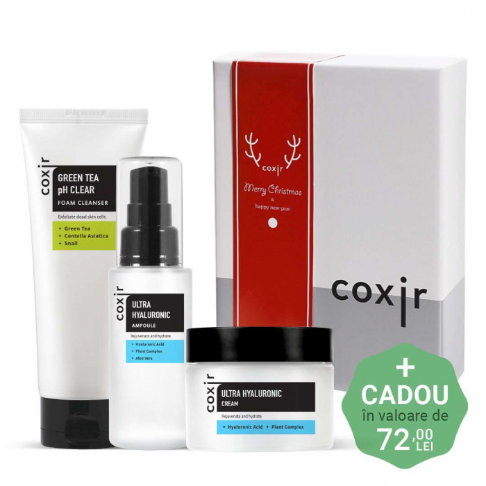 Set ultra hidratant cu efect antirid in 3 pasi Coxir Ultra Hyaluronic Ser, Crema de fata si Spuma curatare GIFT BOX