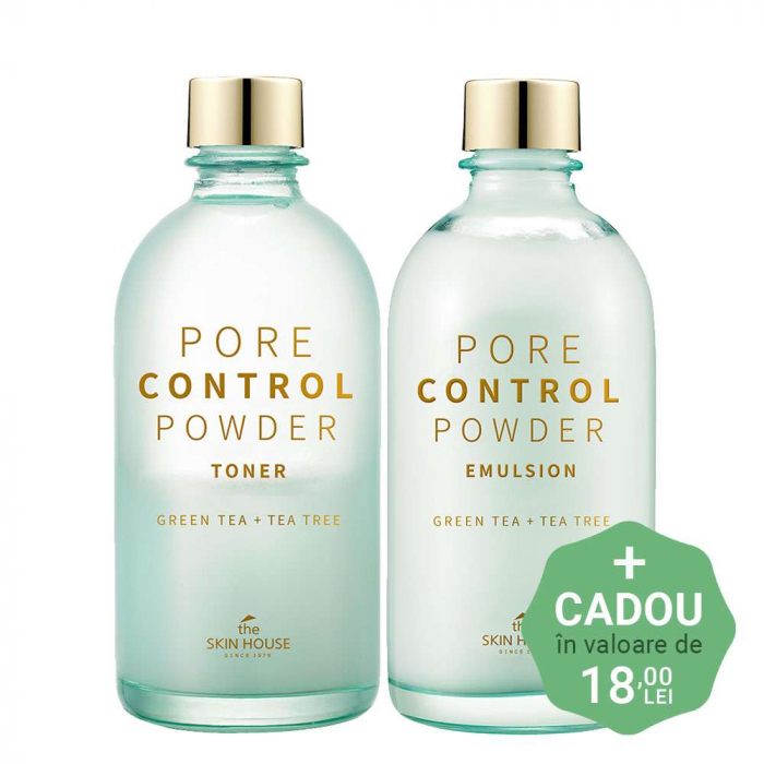 Set pentru pori dilatati si exces de sebum in 2 pasi The Skin House Pore Control Powder Toner, Emulsie si Ser de Fata CADOU