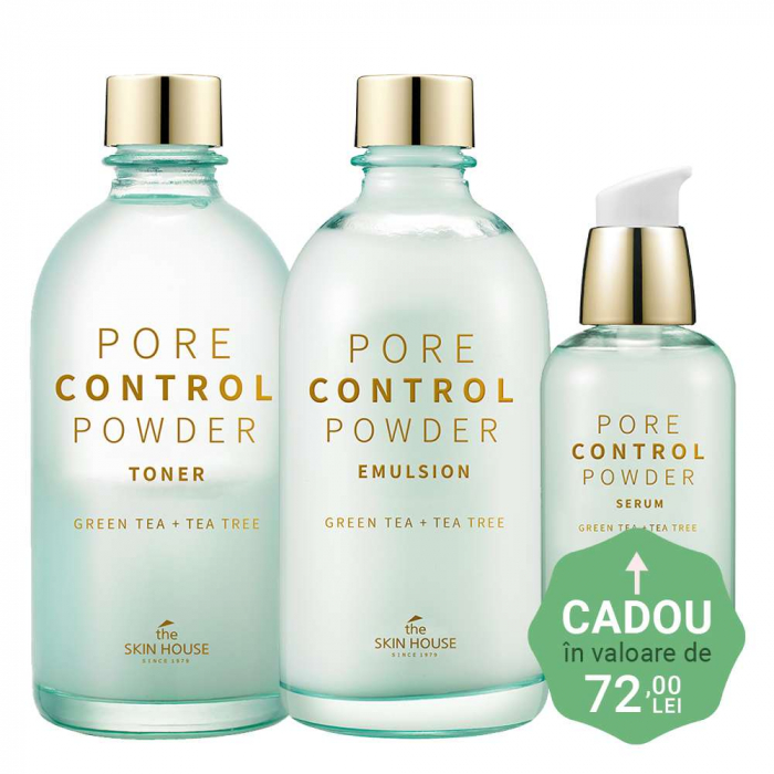 Set pentru pori dilatati si exces de sebum in 3 pasi The Skin House Pore Control Powder Toner, Emulsie si Ser de Fata CADOU