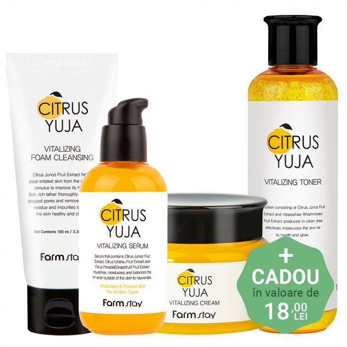 Set revitalizant in 4 pasi Farmstay Citrus Yuja Vitalizing Spuma de curatare, Toner, Ser si Crema pentru fata