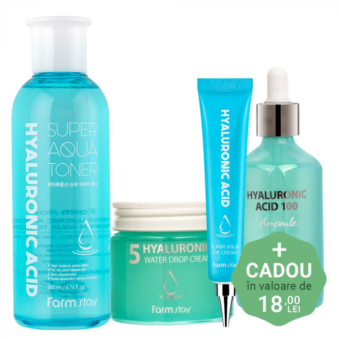 Set super hidratant in 4 pasi Farmstay Hyaluronic Acid Toner, Ser fata, Crema ochi si Crema-balsam pentru fata