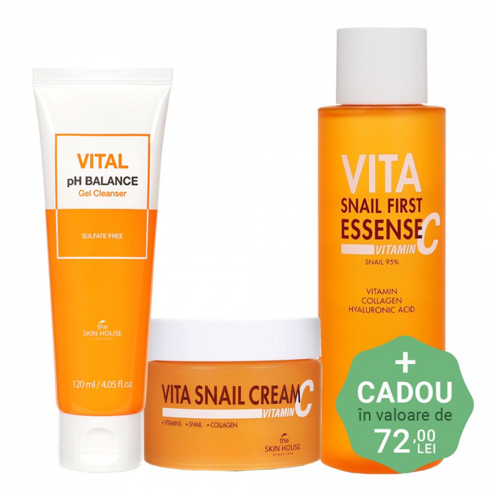 Set antirid cu efect de luminozitate in 4 pasi The Skin House Vita Snail Gel curatare, Toner-ser si Crema fata