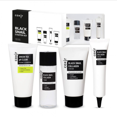 Starter kit cu 4 mini produse  Coxir Black Snail Collagen Spuma curatare, Toner, Ser si Crema de fata GIFT BOX [1]