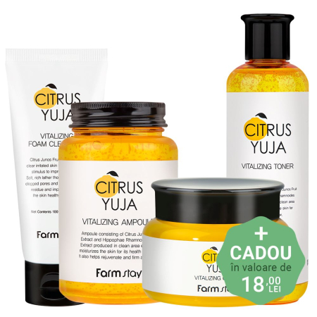 UNIFORMIZARE CULOARE TEN - Set revitalizant in 4 pasi Farmstay Citrus Yuja Vitalizing Spuma de curatare, Toner, Crema pentru fata si Ser  Cadou