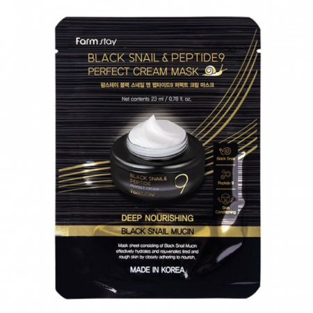 MASTI FATA SI PLASTURI OCHI - Masca textila de fata cu ser antirid revitalizant Farmstay Black Snail & Peptide 9 Perfect Cream Mask 23ml