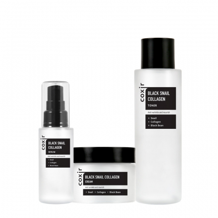 ANTIRID SI FERMITATE - Set antirid nutritiv in 3 pasi Coxir Black Snail Collagen Toner, Ser concentrat de fata si Crema pentru fata