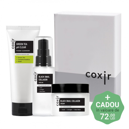 ANTIRID SI FERMITATE - Set antirid nutritiv in 3 pasi Coxir Black Snail Collagen Ser, Crema de fata si Spuma curatare GIFT BOX