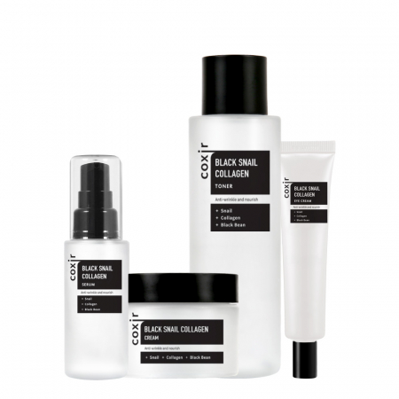 ANTIRID SI FERMITATE - Set antirid nutritiv in 4 pasi Coxir Black Snail Collagen Toner, Ser, Crema pentru Ochi si Crema de fata