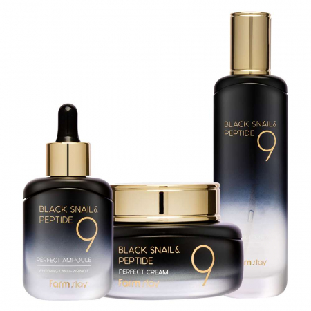 CADOURI - Set antirid revitalizant in 3 pasi Farmstay Black Snail Peptide 9 Perfect Toner, Ser de fata si Crema pentru fata