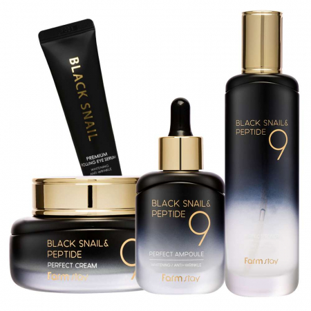 CADOURI - Set antirid revitalizant in 4 pasi Farmstay Black Snail Peptide 9 Perfect Toner, Ser ochi, Ser fata si Crema fata