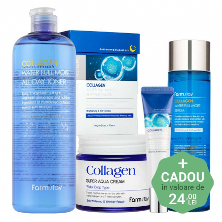PROMOTII COSMETICE COREENE - Set antirid in 5 pasi Farmstay Collagen Water Full Moist Toner, Ser ochi, Ser fata, Crema-balsam de fata si Masca faciala