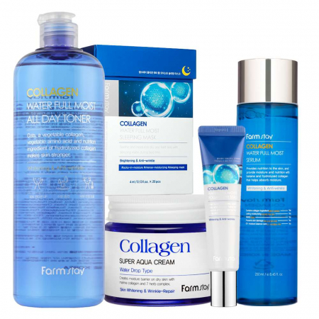 Set antirid in 5 pasi Farmstay Collagen Water Full Moist Toner, Ser ochi, Ser fata, Crema-balsam de fata si Masca faciala [2]