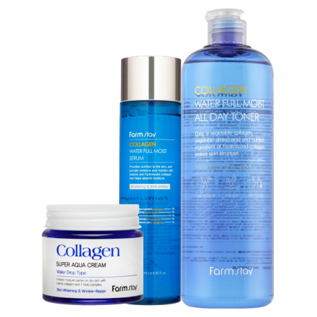 Set antirid hidratant in 3 pasi Farmstay Collagen Water Full Moist Toner, Ser fata si Crema-balsam de fata [2]