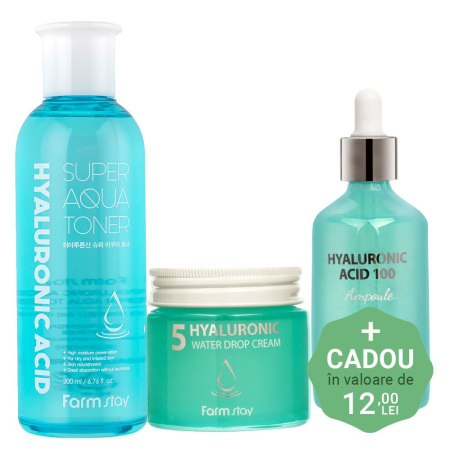 PROMOTII - Set super hidratant in 3 pasi Farmstay Hyaluronic Acid Toner, Ser fata și Crema-balsam de fata