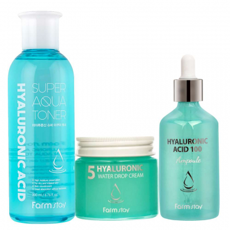 CADOURI - Set super hidratant in 3 pasi Farmstay Hyaluronic Acid Toner, Ser fata și Crema-balsam de fata