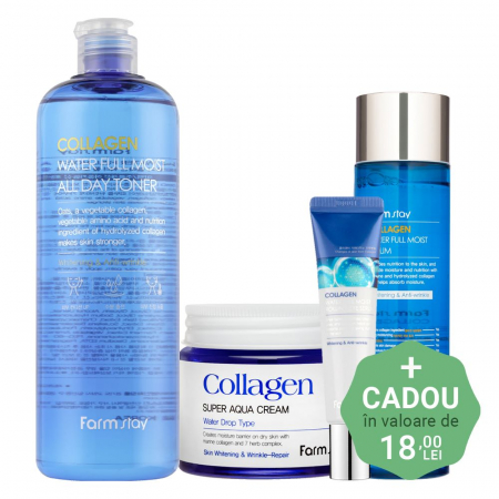 PROMOTII COSMETICE COREENE - Set antirid in 4 pasi Farmstay Collagen Water Full Moist Toner, Ser ochi, Ser fata si Crema-balsam fata