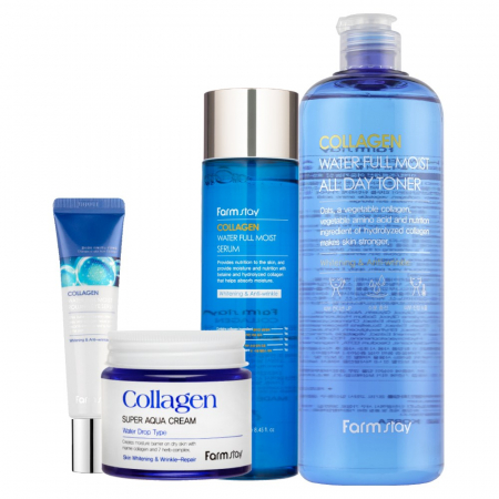 Set antirid in 4 pasi Farmstay Collagen Water Full Moist Toner, Ser ochi, Ser fata si Crema-balsam fata [2]