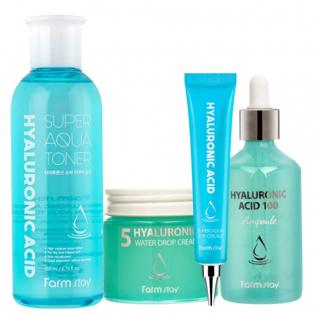 CADOURI - Set super hidratant in 4 pasi Farmstay Hyaluronic Acid Toner, Ser fata, Crema ochi și Crema-balsam pentru fata