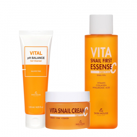 UNIFORMIZARE CULOARE TEN - Set antirid cu efect de luminozitate in 3 pasi The Skin House Vita Snail Gel curatare, Toner-Ser și Crema fata CADOU