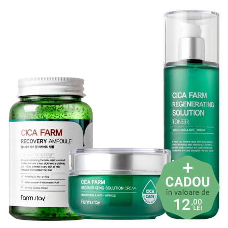 PROMOTII COSMETICE COREENE - Set hidratant calmant cu efect antirid in 3 pasi Farmstay Cica Farm Toner, Ser de fata si Crema pentru fata