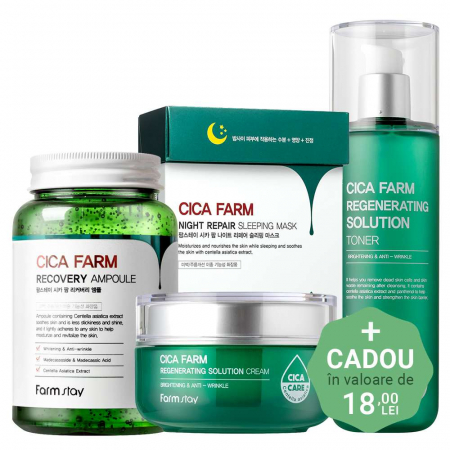 PROMOTII COSMETICE COREENE - Set hidratant calmant cu efect antirid in 4 pasi Farmstay Cica Farm Toner, Ser de fata , Crema pentru fata si Masca faciala