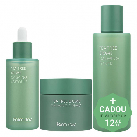 PROMOTII COSMETICE COREENE - Set hidratant calmant in 3 pasi Farmstay Tea Tree Biome Calming Toner, Ser de fata si Crema pentru Fata