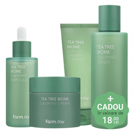 PROMOTII COSMETICE COREENE - Set hidratant calmant in 4 pasi Farmstay Tea Tree Biome Calming Spuma de curatare, Toner, Ser si Crema pentru Fata