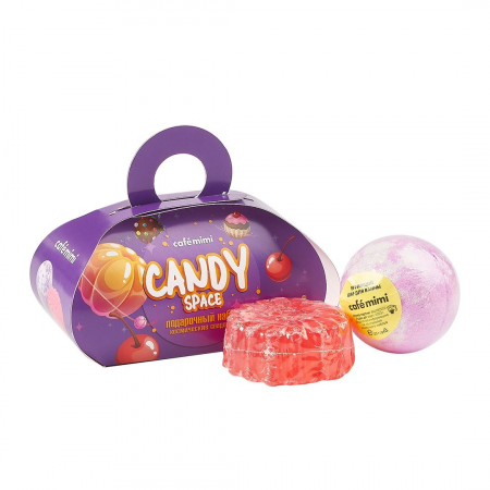 Set pentru baie si corp Cafe Mimi Candy Space Bila (Bomba) efervescenta 120gr si Sapun cu glicerina 80gr, cu aroma de Fructe. [0]