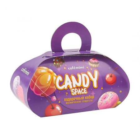 Set pentru baie si corp Cafe Mimi Candy Space Bila (Bomba) efervescenta 120gr si Sapun cu glicerina 80gr, cu aroma de Fructe. [1]