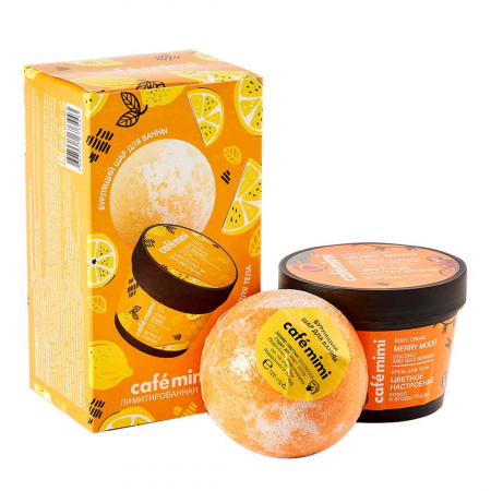 Set pentru baie si corp Cafe Mimi Merry Mood Bila (Bomba) efervescenta 120gr si Crema de corp 110ml, cu aroma de Migdale si Cocos [0]