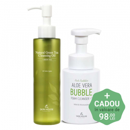 PROMOTII COSMETICE COREENE - Set pentru curatare fata in 2 pasi The Skin House Ulei Natural Green Tea si Spuma de curatare Aloe Vera