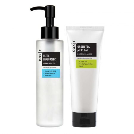 CURATARE FATA SI PEELING - Set pentru curatarea tenului in 2 Pasi Coxir Ulei de curatare Ultra Hyaluronic si Spuma de curatare Green Tea Clear