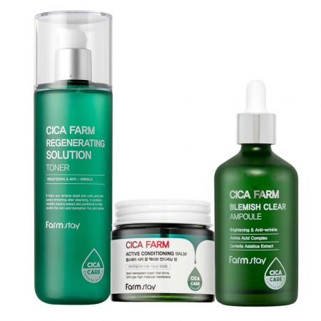 INGRIJIRE TEN SENSIBIL - Set antirid pentru ingrijire ten sensibil in 3 pasi Farmstay Cica Farm Toner, Ser si Crema-balsam de Fata
