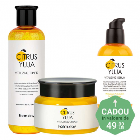 PROMOTII COSMETICE COREENE - Set revitalizant in 3 pasi Farmstay Citrus Yuja Vitalizing Toner, Crema pentru fata si Ser de Fata Cadou