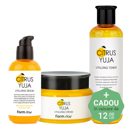 UNIFORMIZARE CULOARE TEN - Set revitalizant in 3 pasi Farmstay Citrus Yuja Vitalizing Toner, Crema pentru fata si Ser de Fata Cadou