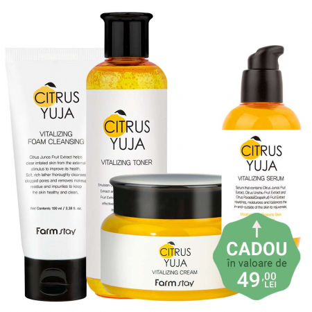 PROMOTII COSMETICE COREENE - Set revitalizant in 4 pasi Farmstay Citrus Yuja Vitalizing Spuma de curatare, Toner, Crema pentru fata si Ser  Cadou