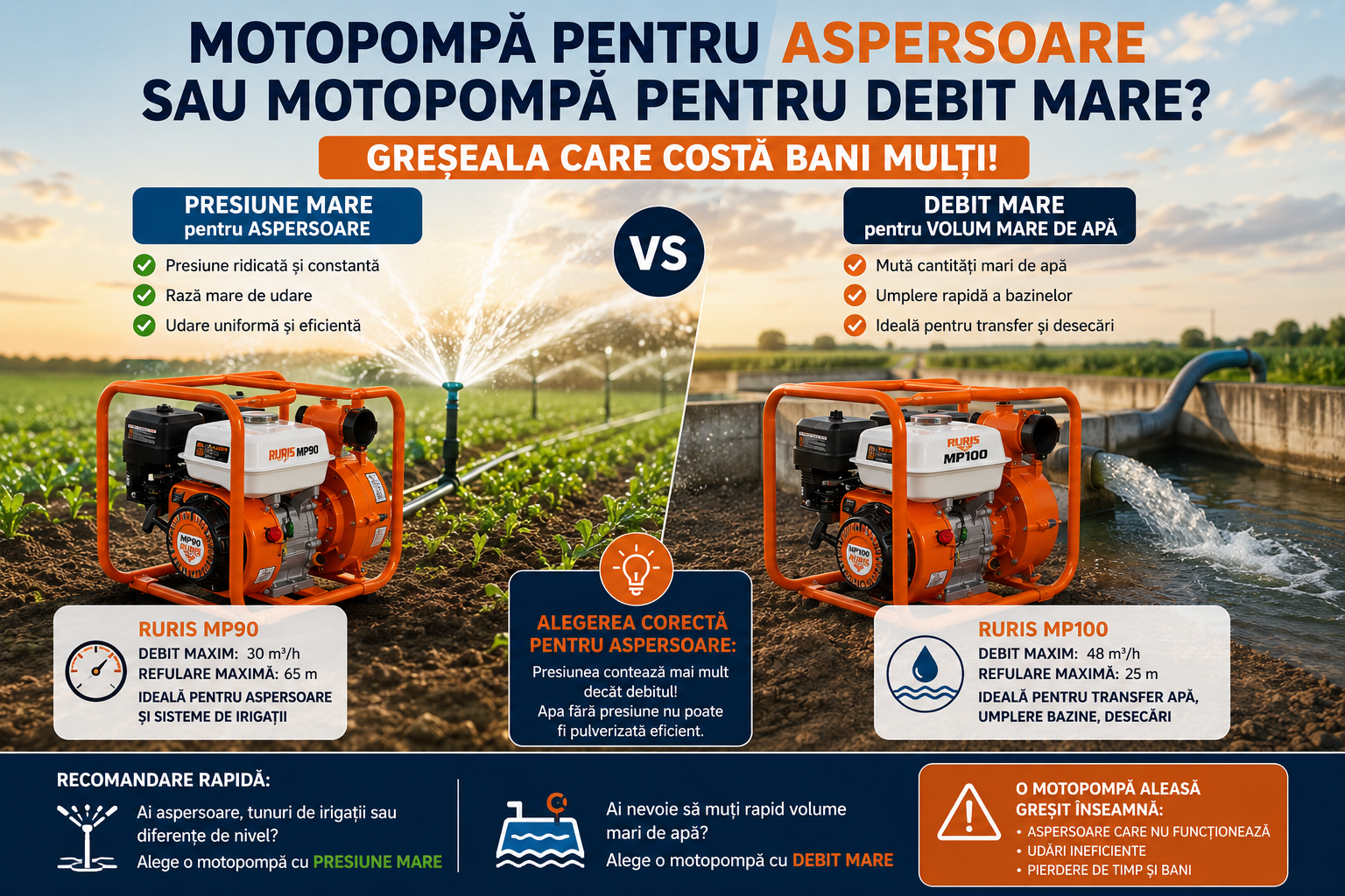 Motopompa pentru aspersoare sau motopompa pentru debit mare? Greseala care costa bani multi