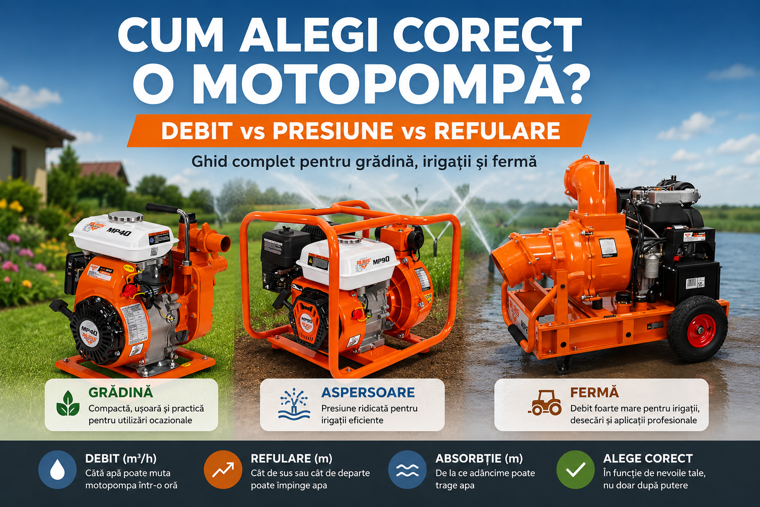 Cum alegi corect o motopompa? Diferenta dintre debit, presiune si refulare explicata simplu