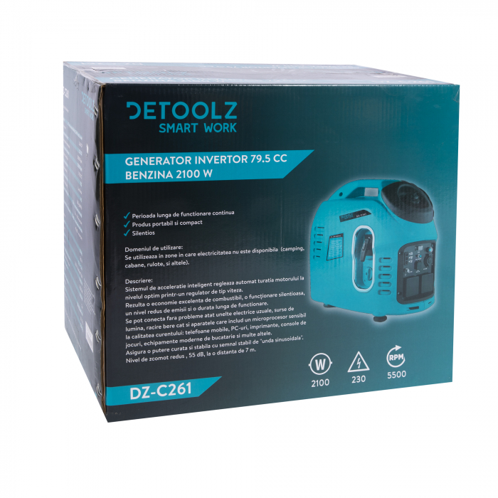 Generator invertor digital 2100 W monofazat Detoolz DZ-C261 79.5CC benzina port 12 V, port USB 5V [10]