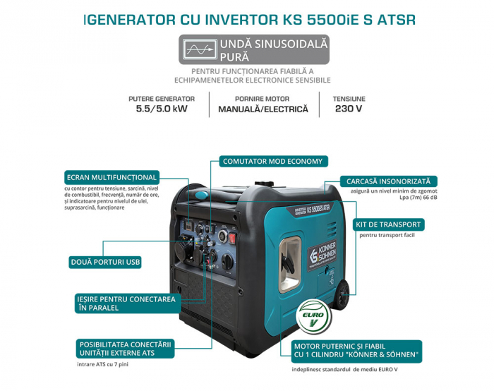 Generator invertor Könner & Söhnen KS 5500iES ATSR, 5.5 kW, benzina, 9.5 cp, 1х16А, 1х32А, motor KS 330i, consum redus, LED display [8]