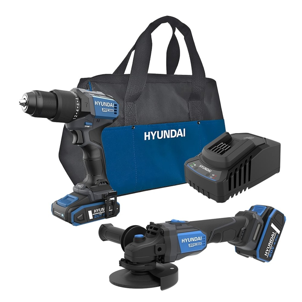Set masina de gaurit si insurubat brushless cu percutie Hyundai HD20X-60 + polizor unghiular brushless Hyundai AG20X-115 + 2 acumulatori si incarcator [1]