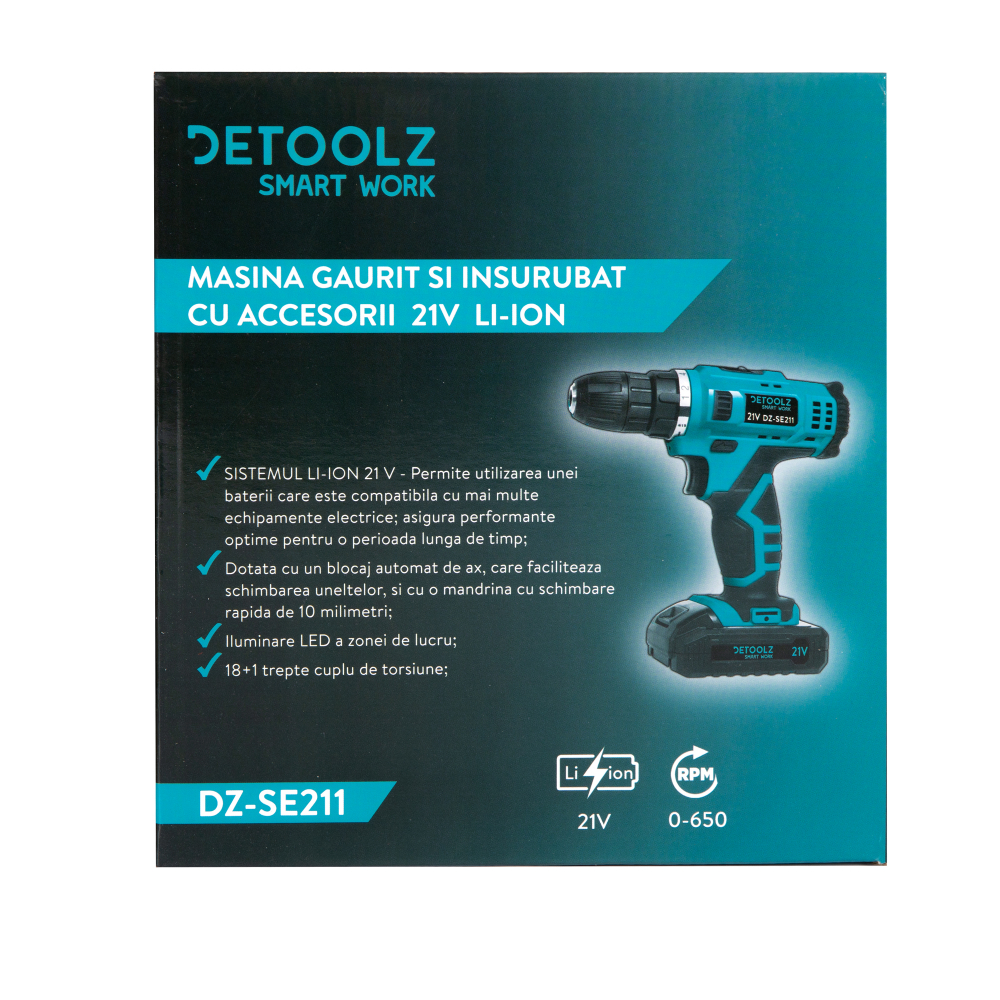 Masina de gaurit insurubat cu accesorii 21V Li-Ion Detoolz DZ-SE211 [4]
