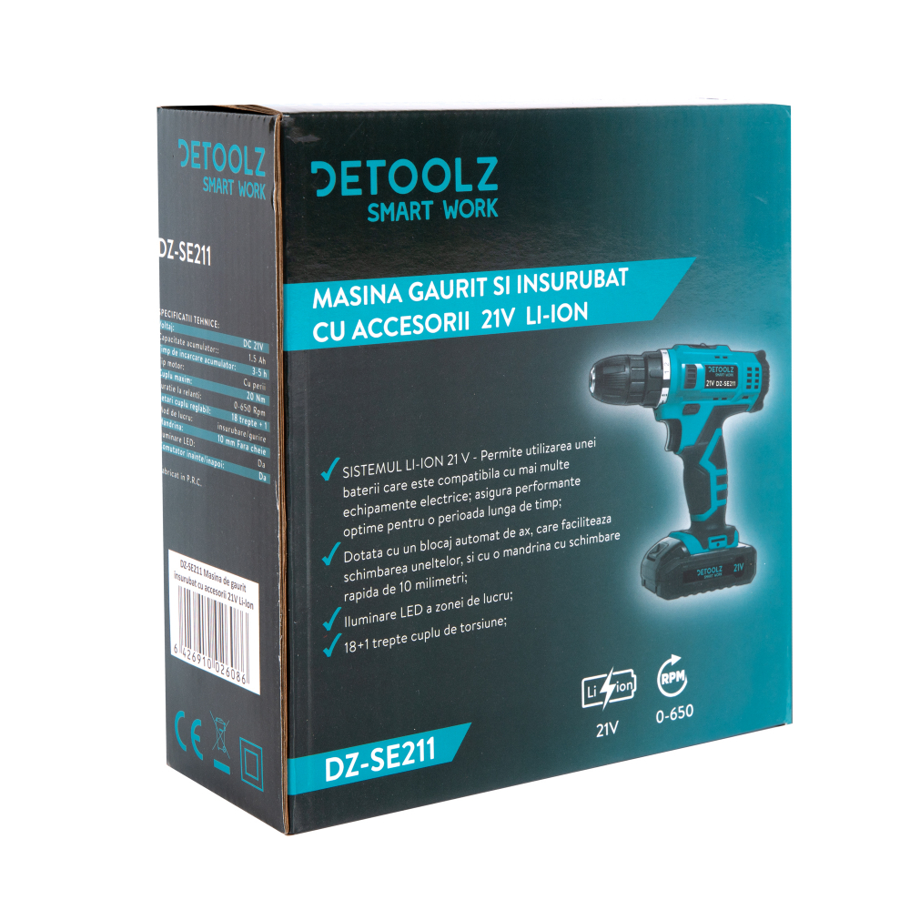 Masina de gaurit insurubat cu accesorii 21V Li-Ion Detoolz DZ-SE211 [15]
